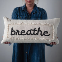 Embroidered Cotton Pillow "Breathe" w/ Eyelash Fringe, Cream & Charcoal Color-Decor-Lemons and Limes Boutique