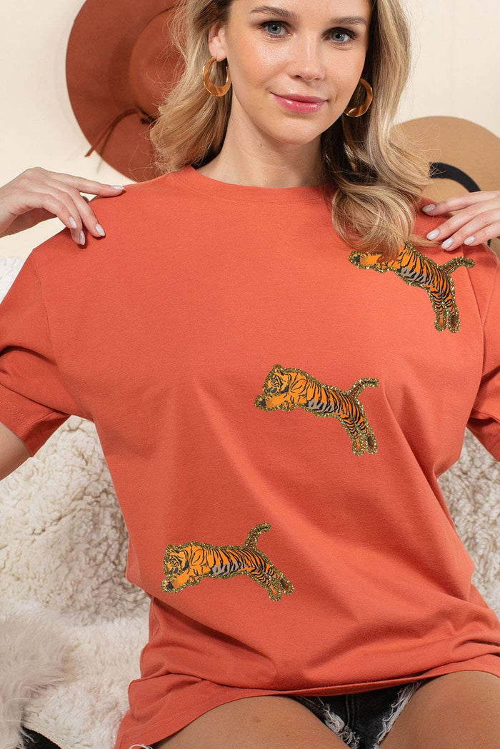 Women's Glitter Tigers Graphic Tee in Coral--Lemons and Limes Boutique