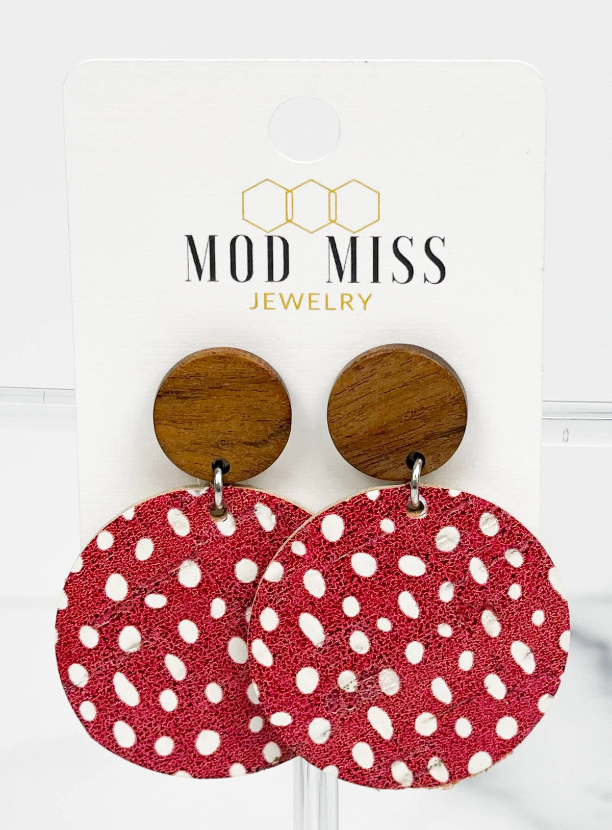 Cork+Leather Round Earring in Red Specs with Wood Stud-Lemons and Limes Boutique