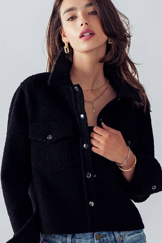 Bella Snap Button Semi Crop Teddy Jacket in Black--Lemons and Limes Boutique