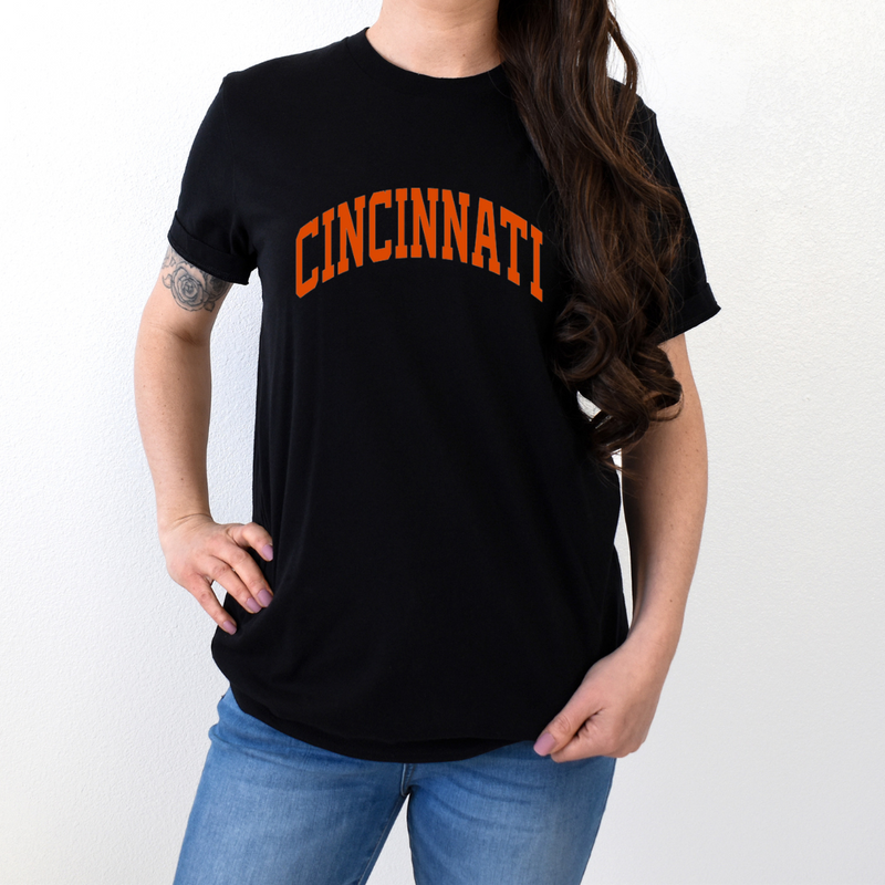 Cincinnati Curve Block T-Shirt on Black--Lemons and Limes Boutique