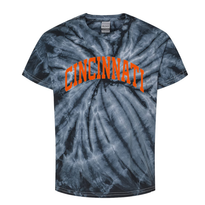 Cincinnati Curve in Orange T-Shirt on Black Tie Dye--Lemons and Limes Boutique