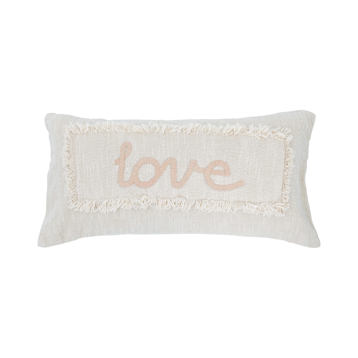 Cotton Embroidered Lumbar Pillow w/ Eyelash Fringe "Love", Pink & Cream Color-Decor-Lemons and Limes Boutique