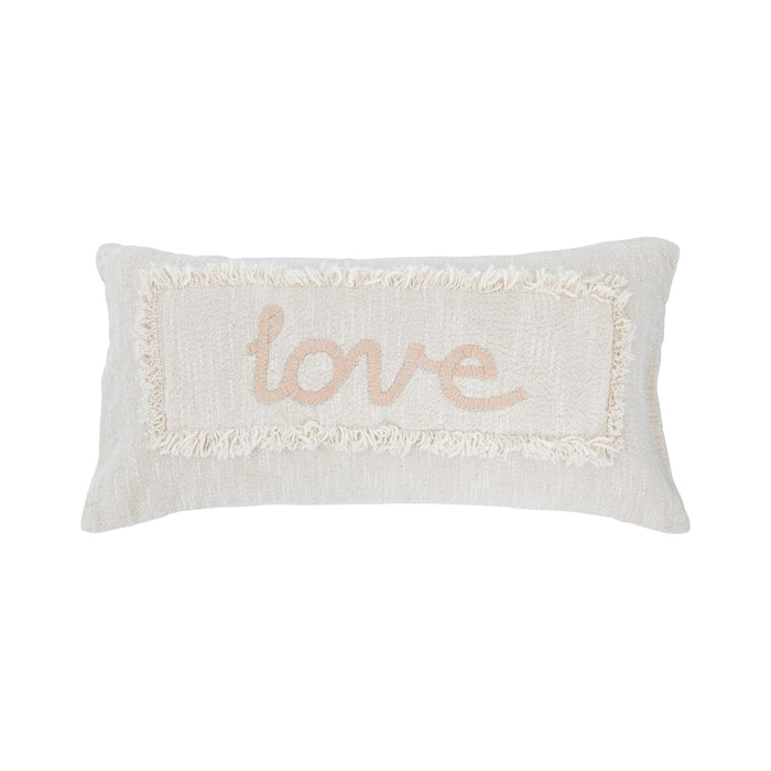 Cotton Embroidered Lumbar Pillow w/ Eyelash Fringe "Love", Pink & Cream Color-Decor-Lemons and Limes Boutique
