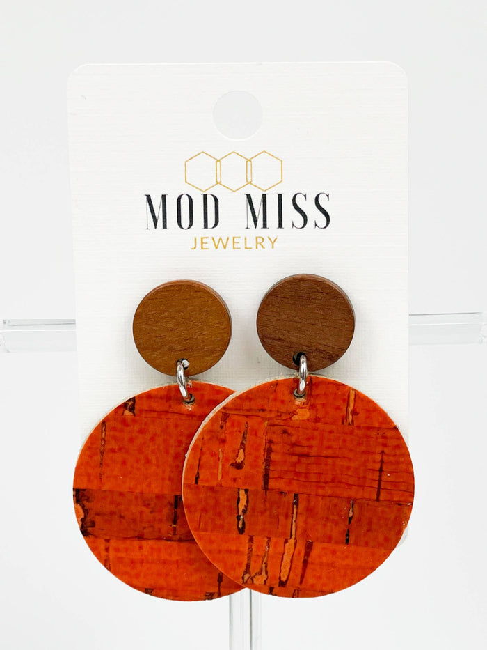 Cork and Leather Round Earring in Burnt Orange with Wood Studs--Lemons and Limes Boutique