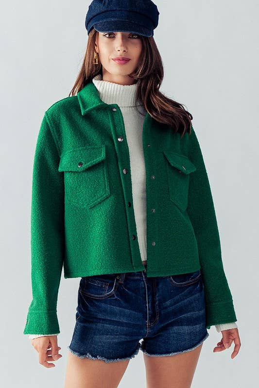 Bella Snap Button Semi Crop Teddy Jacket in Green--Lemons and Limes Boutique