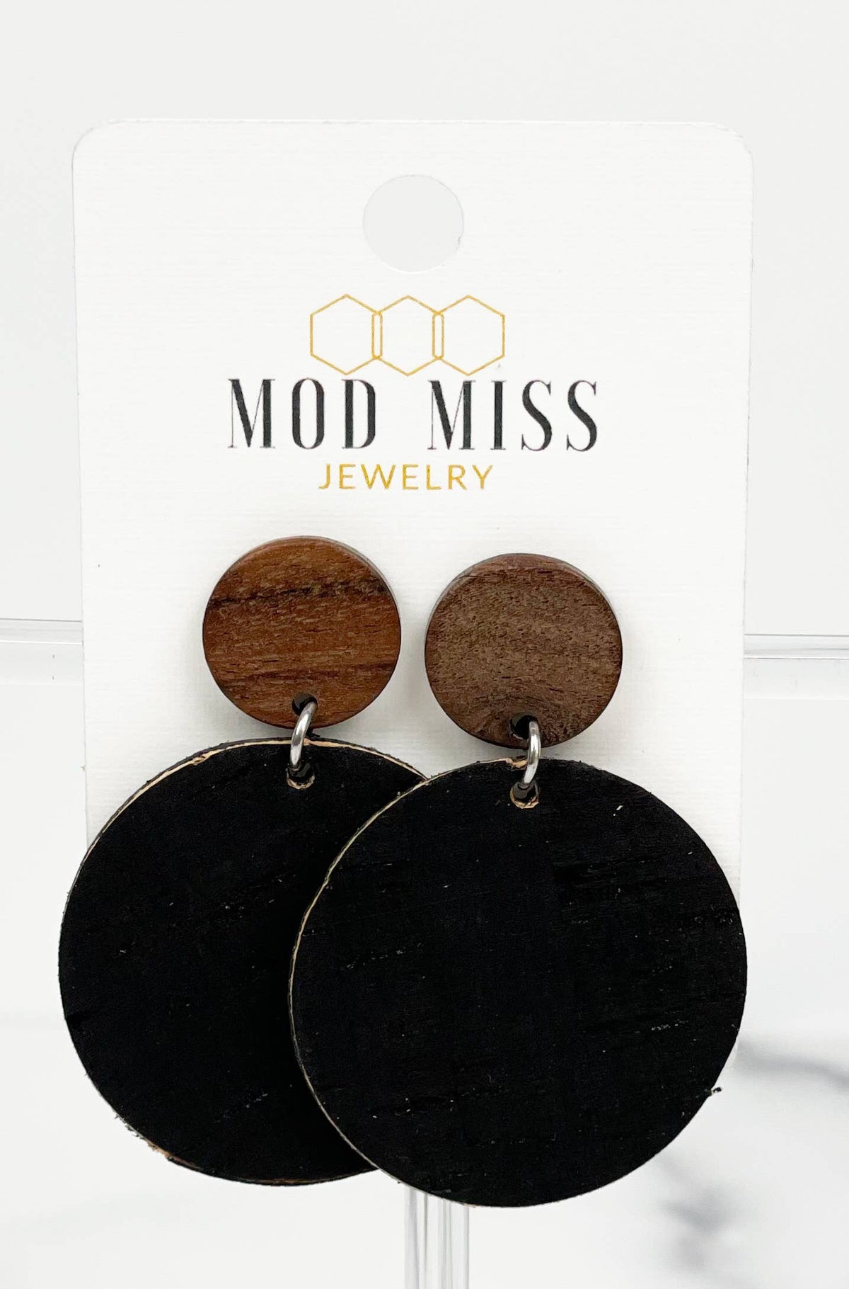 Cork+Leather Round Earring in Black with Wood Stud-Lemons and Limes Boutique