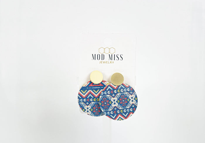 Cork+Leather Round Earring "Western Aztec''-Lemons and Limes Boutique