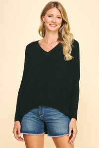 V-Neck Dolman Long Sleeve Sweater in Black-Lemons and Limes Boutique