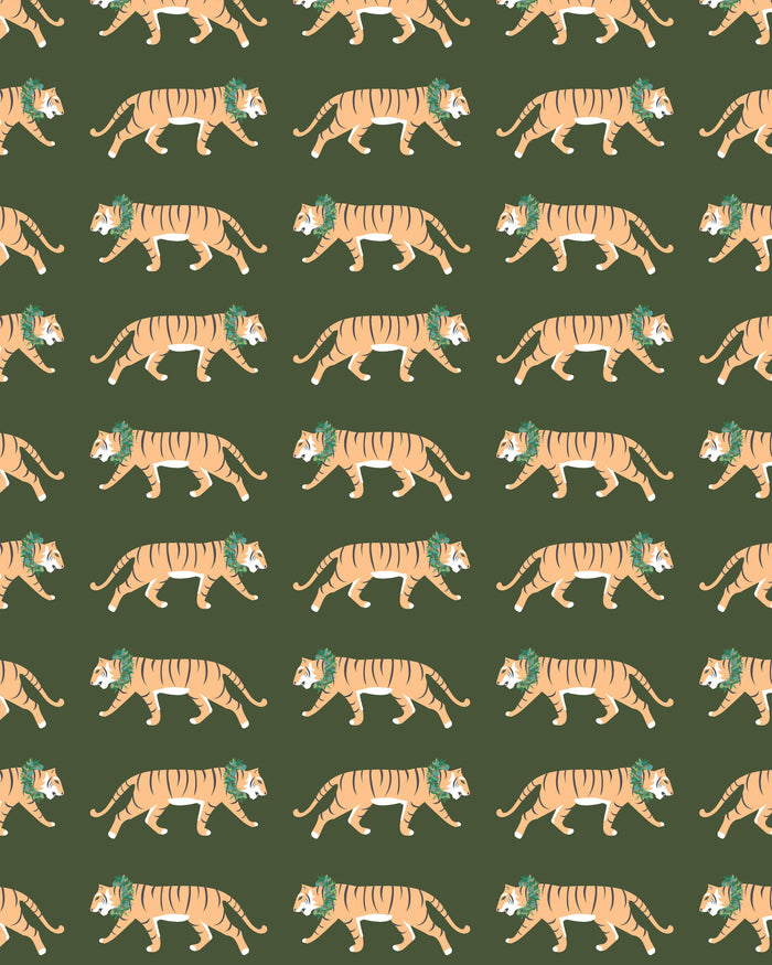 REVEL & Co. - Tigers and Wreaths on Green Holiday Wrapping Paper Sheet--Lemons and Limes Boutique