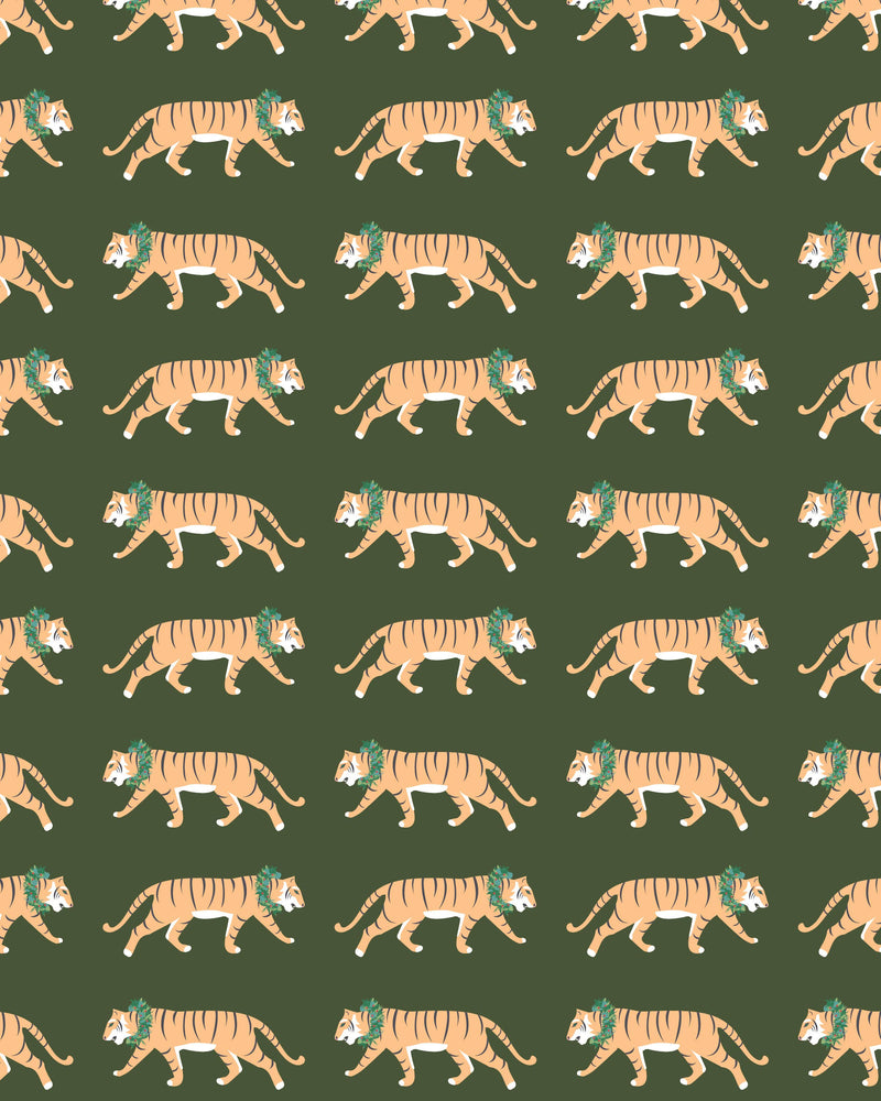 REVEL & Co. - Tigers and Wreaths on Green Holiday Wrapping Paper Sheet--Lemons and Limes Boutique