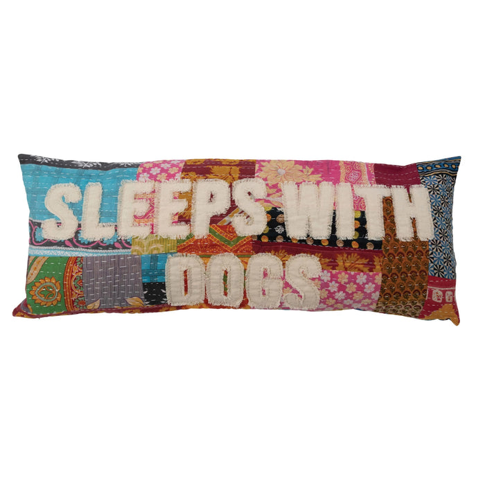 Vintage Kantha Patchwork Lumbar Pillow "Sleeps with Dogs"-Lemons and Limes Boutique