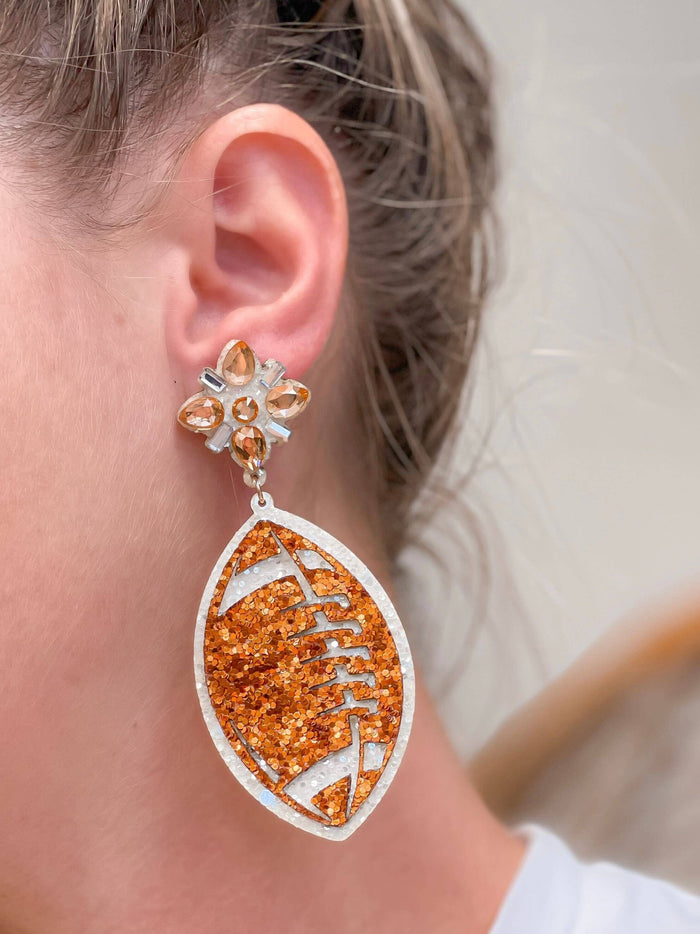 Glitter Football Dangle Earrings - Orange & White-Lemons and Limes Boutique