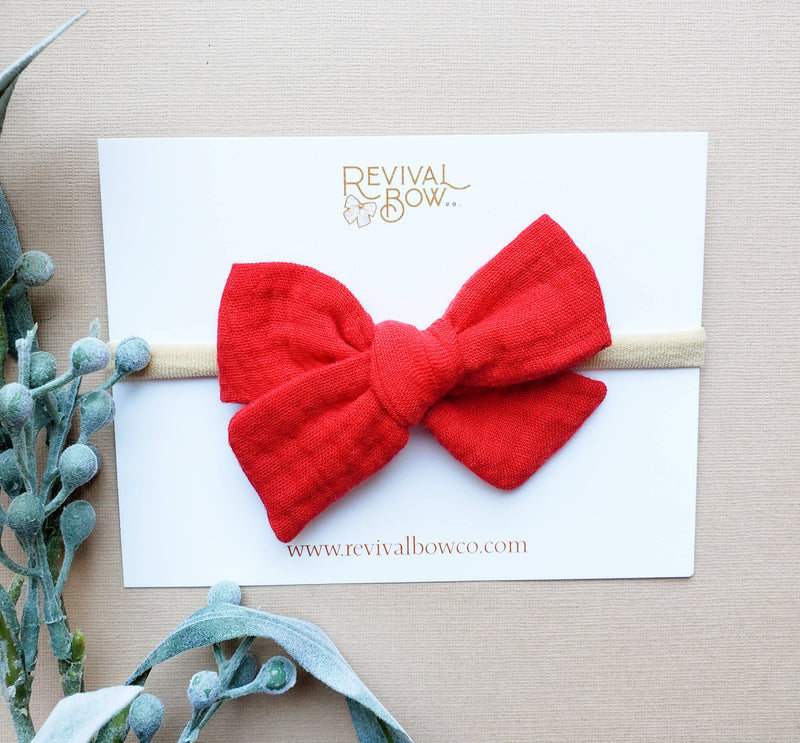 Christmas Bow on Headband in Holly Berry Gauze--Lemons and Limes Boutique