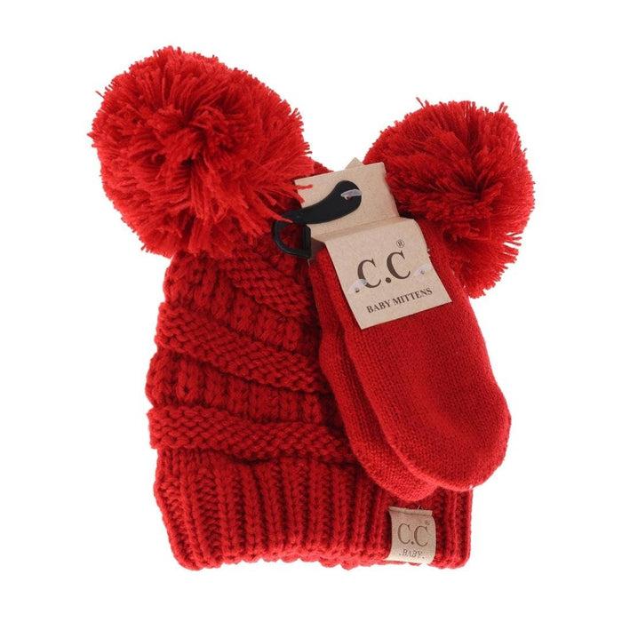 Baby Solid Knit Double Pom Hat with Mitten Set in Bright Red by C.C. Beanie-Lemons and Limes Boutique