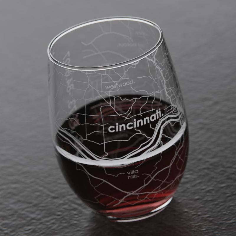 Cincinnati Ohio Map Stemless Wine Glass-Lemons and Limes Boutique
