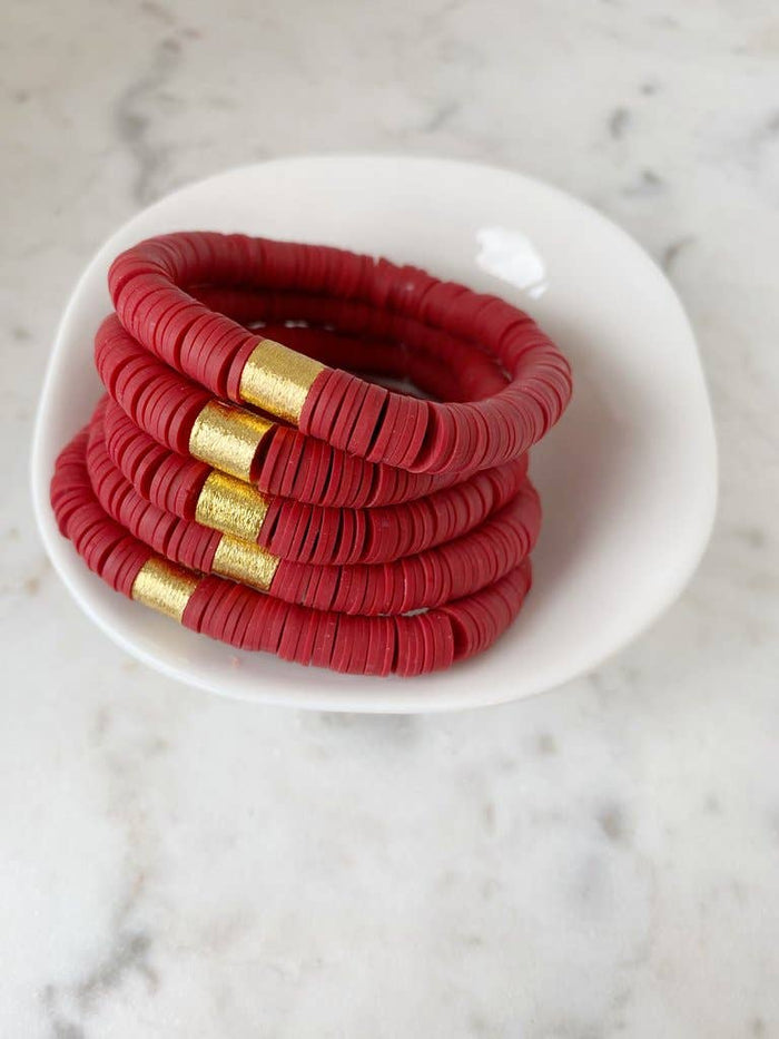 Heishi Color Pop Bracelet in Blood Red with Gold Barrel--Lemons and Limes Boutique