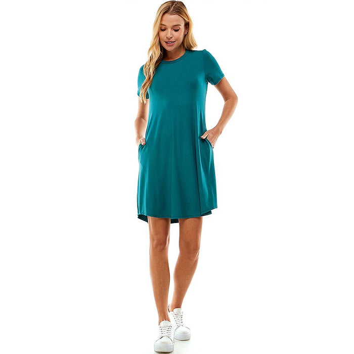 Crew Neck Short Sleeve Pockets Mini Dress in Emerald--Lemons and Limes Boutique