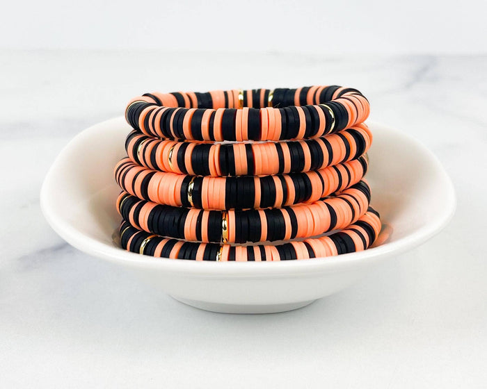 Heishi Color Pop Bracelet in Black & Orange Multi with Gold Disk-Lemons and Limes Boutique