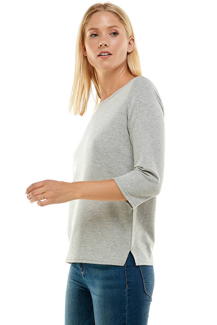 Women's 3/4 Sleeve Side Slit French Terry Top in Heather Gray--Lemons and Limes Boutique
