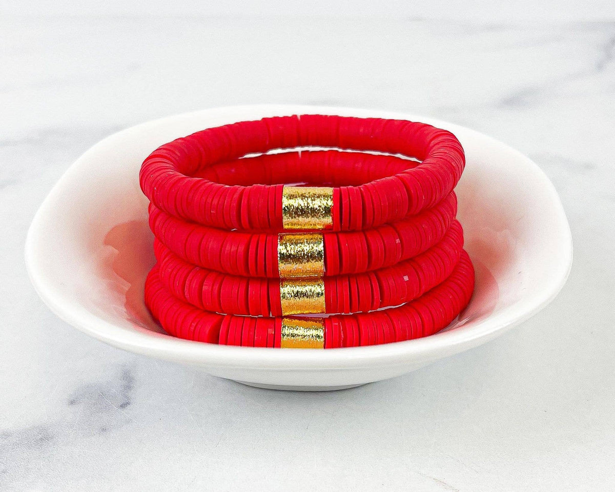 Heishi Color Pop Bracelet in Siam Red with Gold Barrel--Lemons and Limes Boutique