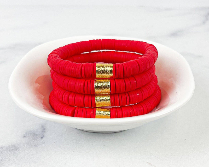 Heishi Color Pop Bracelet in Siam Red with Gold Barrel--Lemons and Limes Boutique