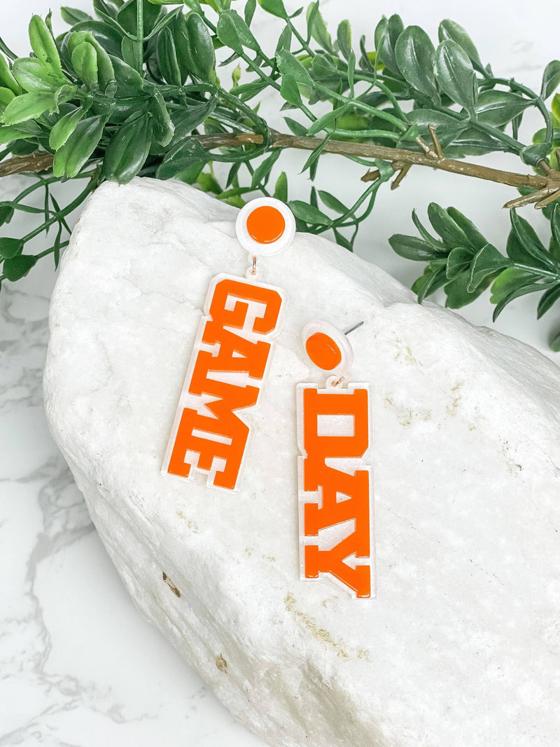 'Game Day' Statement Dangle Earrings in White & Orange-Lemons and Limes Boutique