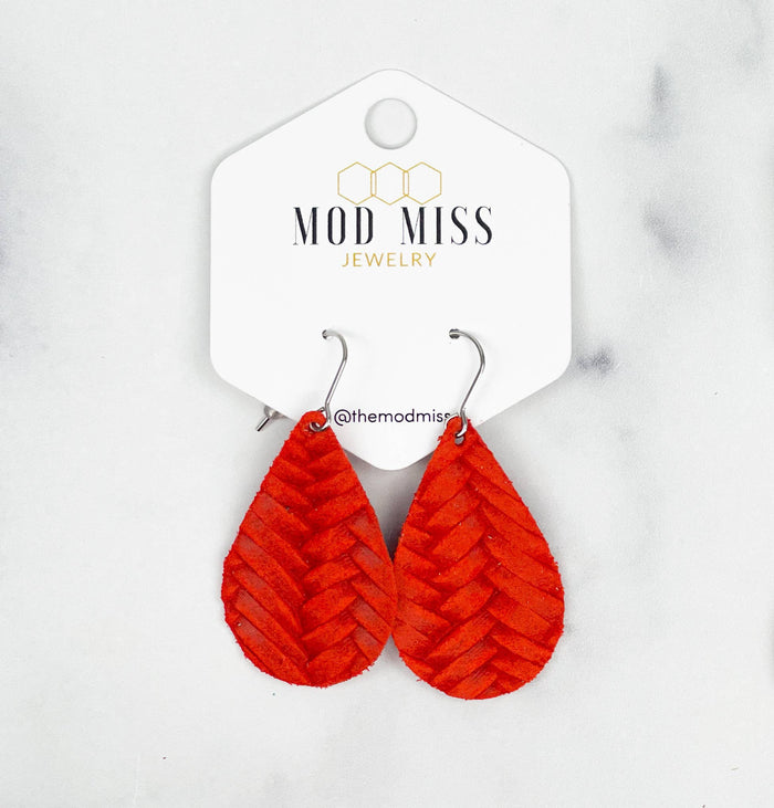 Leather Teardrop Earring 1" in Weaved Orange-Lemons and Limes Boutique