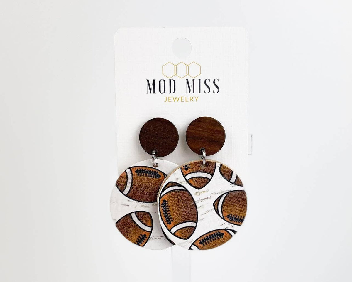 Cork+Leather Round Earring "Football" Wood stud--Lemons and Limes Boutique