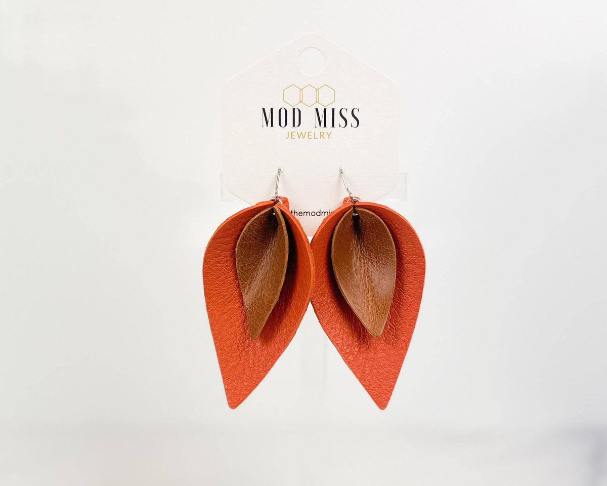 Leather Stacked Petal Earring in Worn Brown and Burnt Orange-Lemons and Limes Boutique