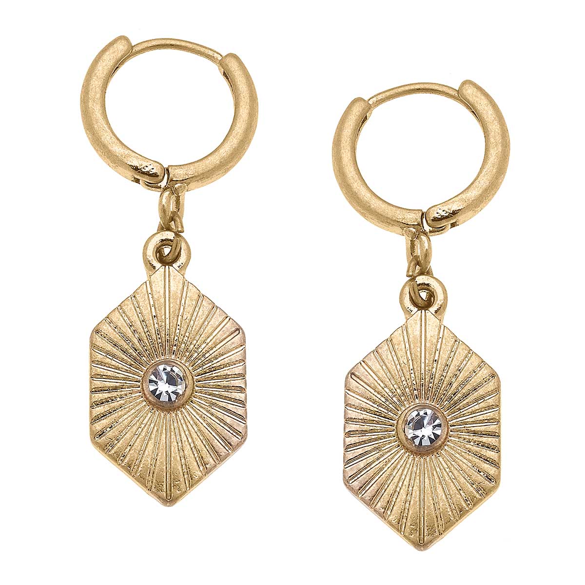Odette Sunburst Charm Drop Hoop Earrings in Worn Gold Canvas Style--Lemons and Limes Boutique