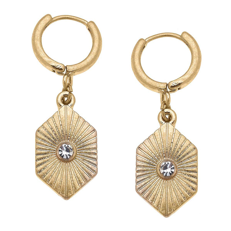 Odette Sunburst Charm Drop Hoop Earrings in Worn Gold Canvas Style--Lemons and Limes Boutique