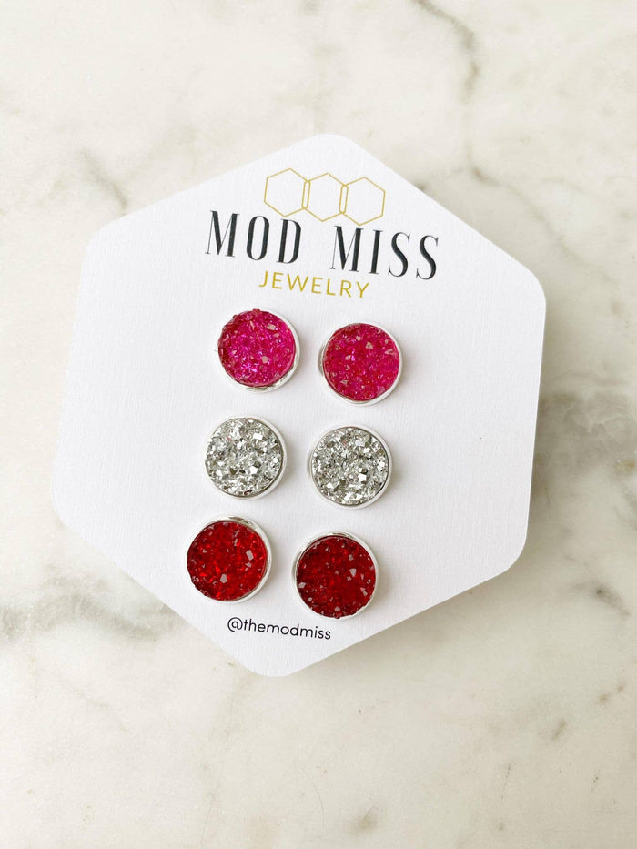 Druzy Stud Earring Set of 3 in Hot Pink, Silver & Red'--Lemons and Limes Boutique