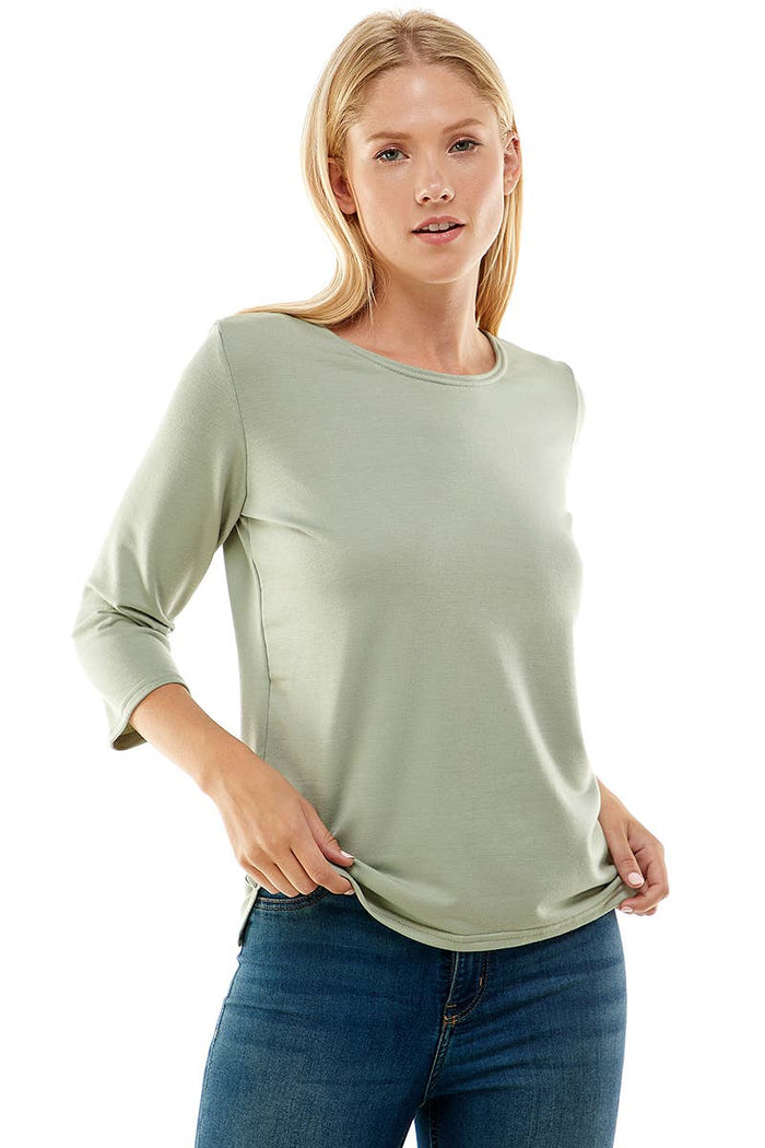 Women's 3/4 Sleeve Side Slit French Terry Top in Sage Green--Lemons and Limes Boutique