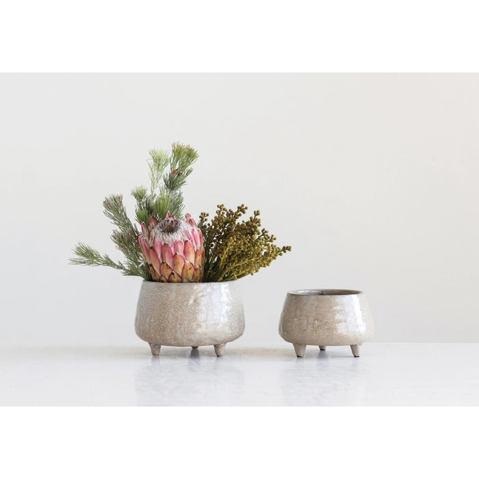 Stoneware Footed Planter, Reactive Glaze, Beige (Holds 4" Pot) (Each One Will Vary)-Decor-Lemons and Limes Boutique