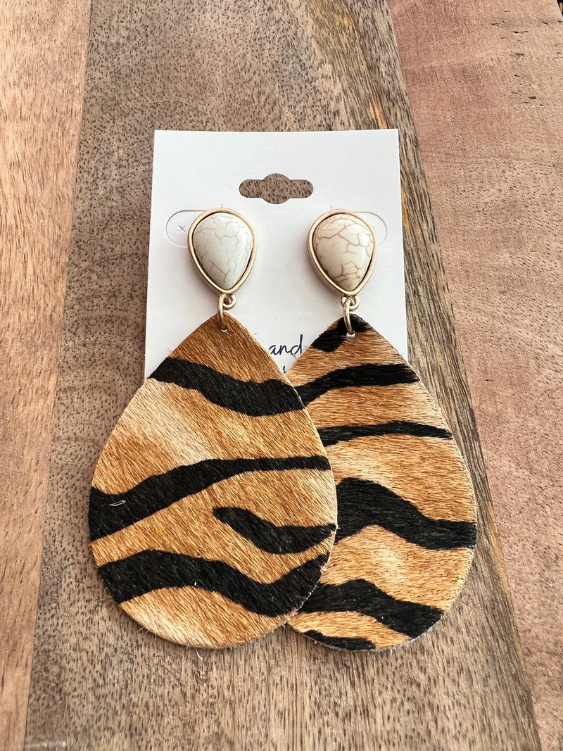 Bengal Tiger Striped Leather Drop Dangles--Lemons and Limes Boutique