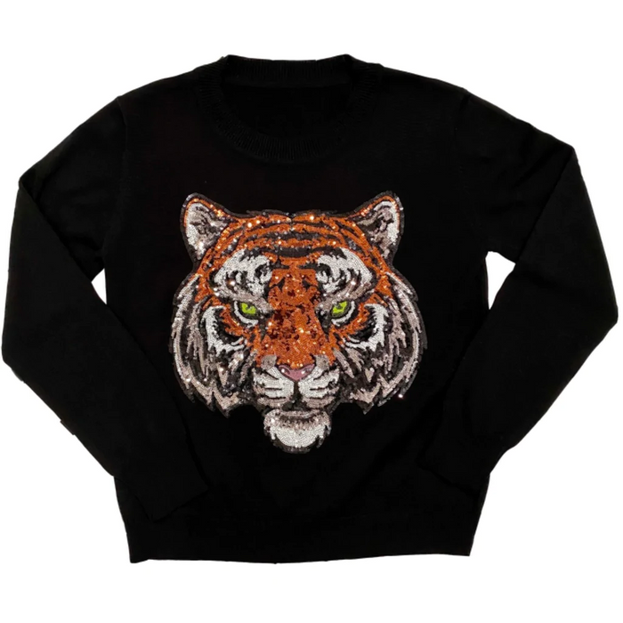 Sequined Sparkle Fierce Bengal Tiger Sweater-Lemons and Limes Boutique