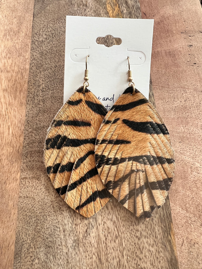 Bengal Tiger Stripe Feathered Leather Dangles--Lemons and Limes Boutique