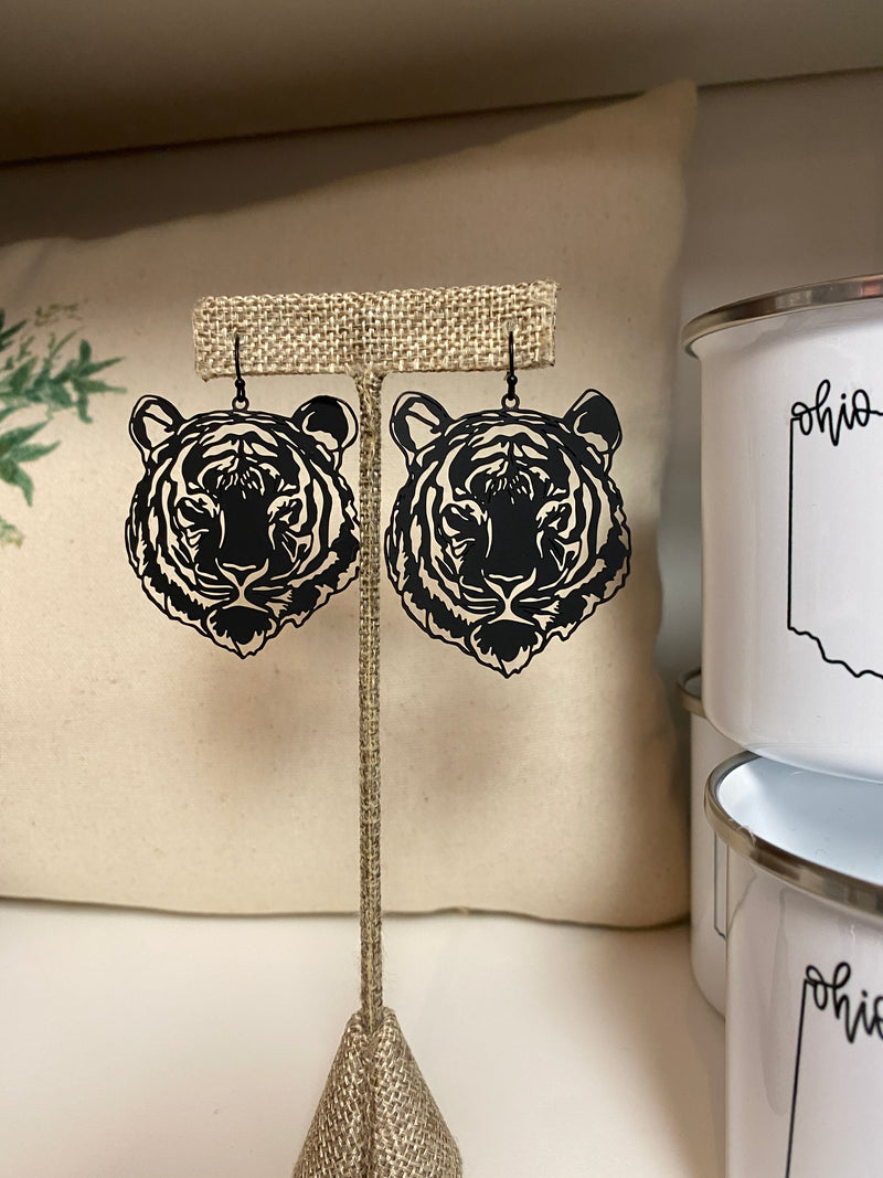 Laser Cut Bengal Tiger Face Dangles in Black--Lemons and Limes Boutique