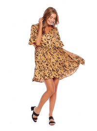 Aster Flounce Dress in Tan Leopard-Dresses-Lemons and Limes Boutique