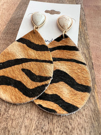 Bengal Tiger Striped Leather Drop Dangles--Lemons and Limes Boutique