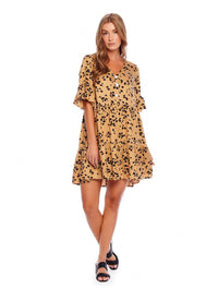 Aster Flounce Dress in Tan Leopard-Dresses-Lemons and Limes Boutique
