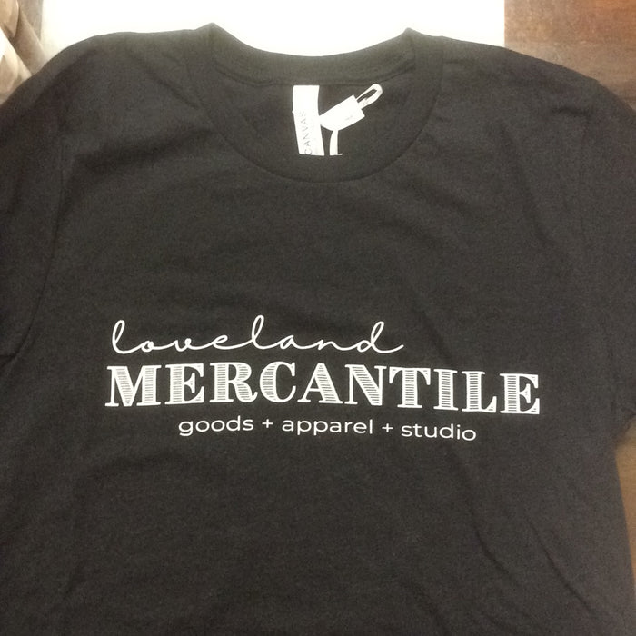 Loveland Mercantile Long Logo T-Shirt on Heather Black-Graphic Tee-Lemons and Limes Boutique