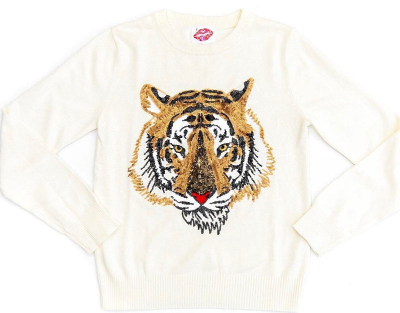 Sequined Sparkle Mega Tiger Sequin Sweater- White--Lemons and Limes Boutique