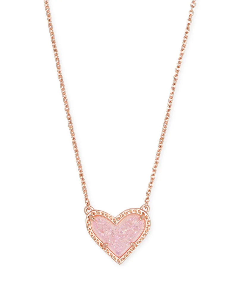 Ari Heart Short Pendant Necklace in Rose Gold Pink Drusy by Kendra Scott-NECKLACES-Lemons and Limes Boutique