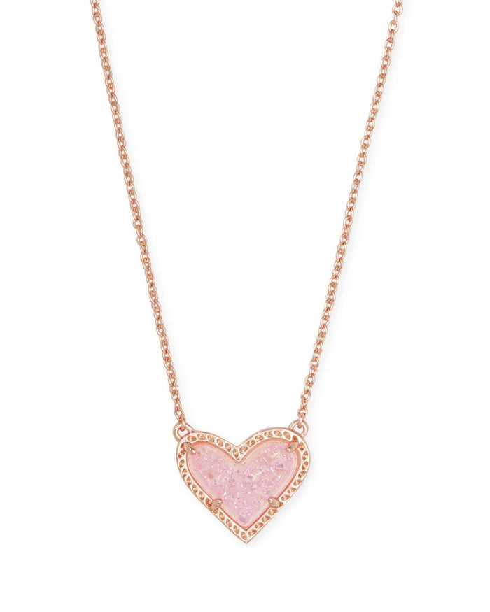 Ari Heart Short Pendant Necklace in Rose Gold Pink Drusy by Kendra Scott-NECKLACES-Lemons and Limes Boutique