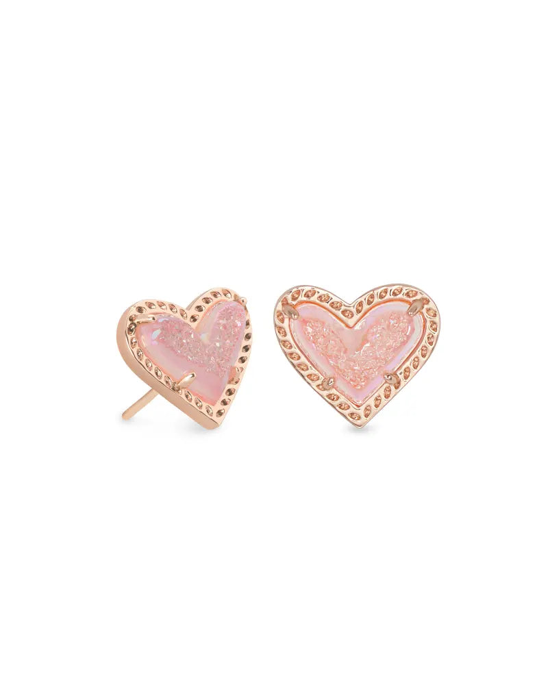 Ari Heart Stud Earrings in Rose Gold Pink Drusy by Kendra Scott-EARRINGS-Lemons and Limes Boutique