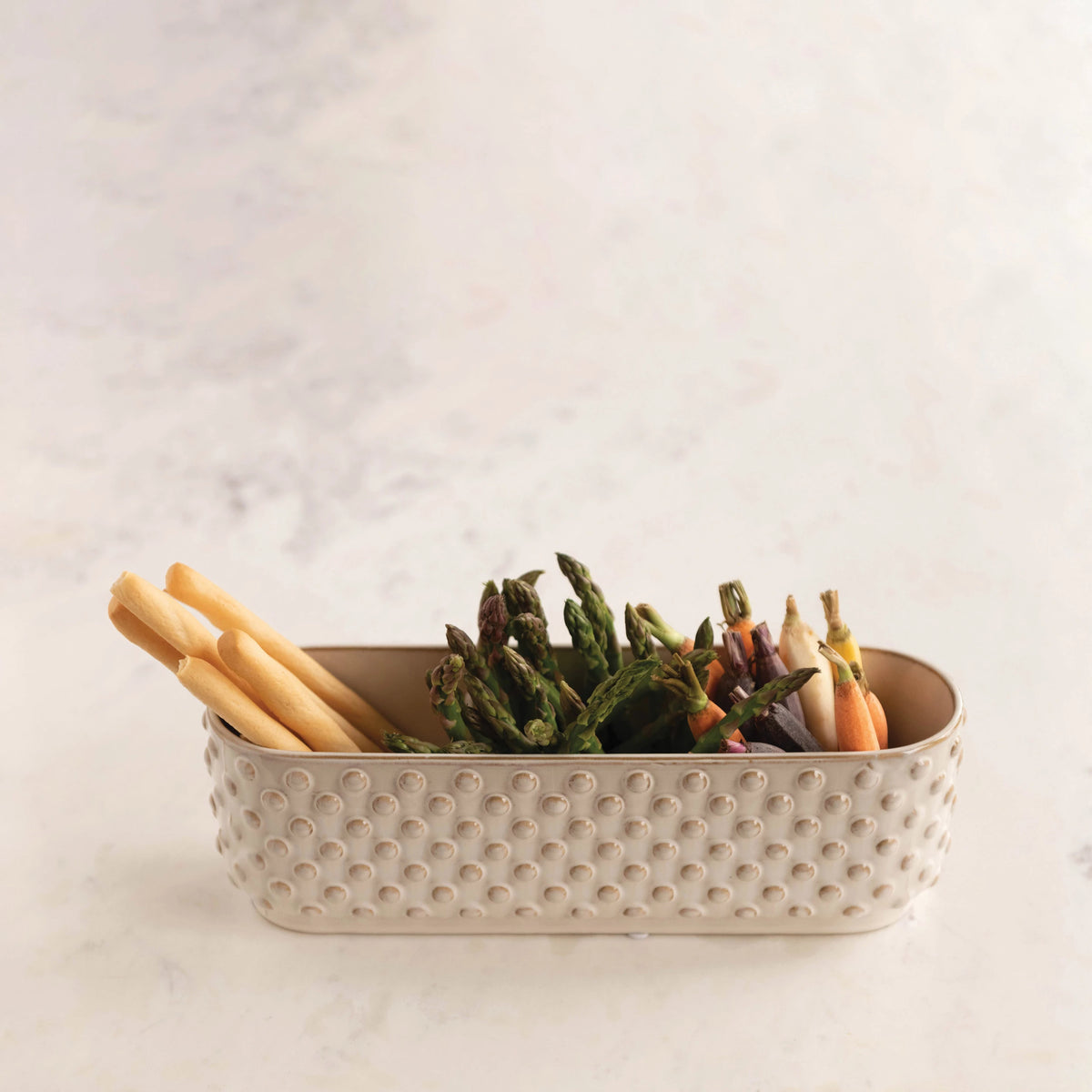 Stoneware Hobnail Window Planter w/ 3 Sections, Reactive Glaze, White (Each One Will Vary)-Decor-Lemons and Limes Boutique