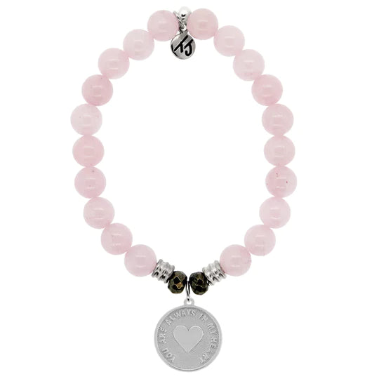 Rose Quartz Stone Bracelet with Always in my Heart Sterling Silver Charm-Lemons and Limes Boutique
