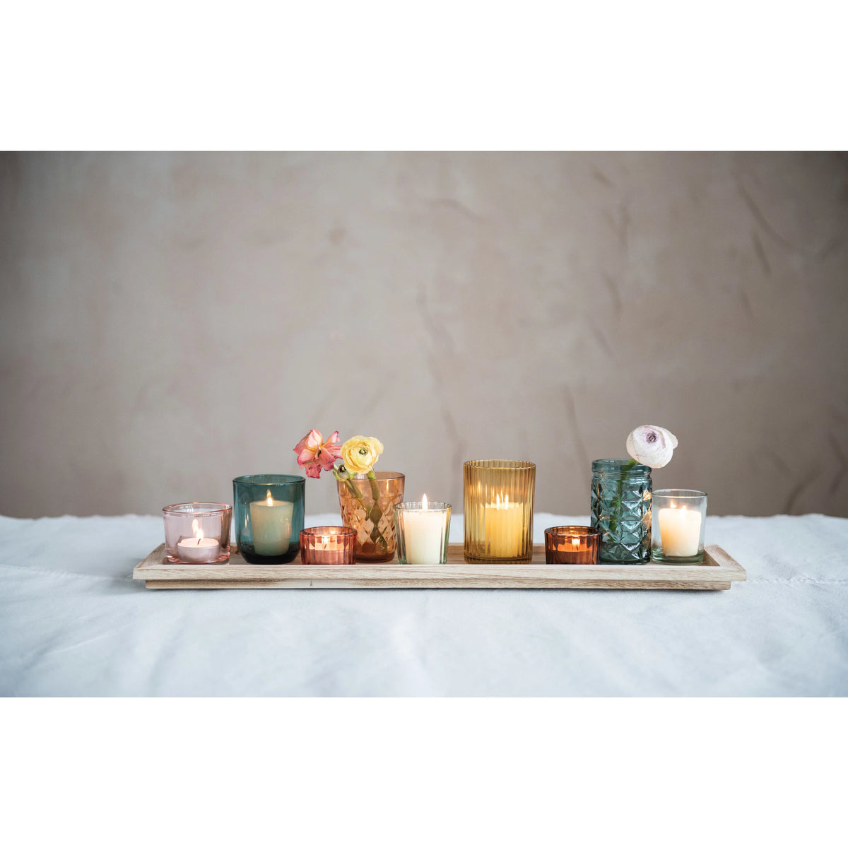 Embossed Glass Tealight/Votive Holders w/ Wood Tray, Multi Color-Decor-Lemons and Limes Boutique